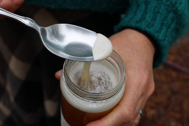 Raw unfiltered clover honey dripping from spoon into glass jar