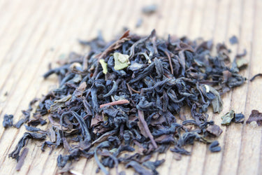 Close-up of twisted organic Fair Trade Darjeeling tea leaves