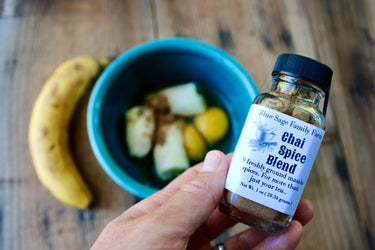 Blue Sage Family Farm 1 oz glass jar of freshly ground organic chai spice blend with masala spices