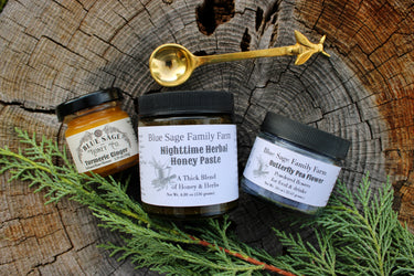Self-Care Bundle with Turmeric Ginger Honey, Nighttime Herbal Paste, and Butterfly Pea Flower Powder on wood