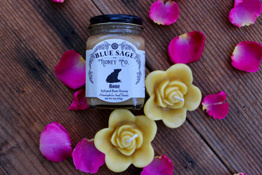 Rose infused raw honey gift set with floating rose beeswax candles