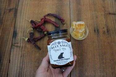 Smoked Hot Pepper Infused Raw Honey ~ Chipotle Honey~ Hot Honey ~ Blue Sage Honey Co. - Blue Sage Family Farm - Blue Sage Honey Co.