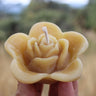 Close-up of pale yellow beeswax floating rose candle with cotton wick