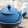 Close-up of hobnail textured black cast iron teapot lid knob and spout detail