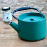 Side view of textured teal cast iron teapot with arched handle