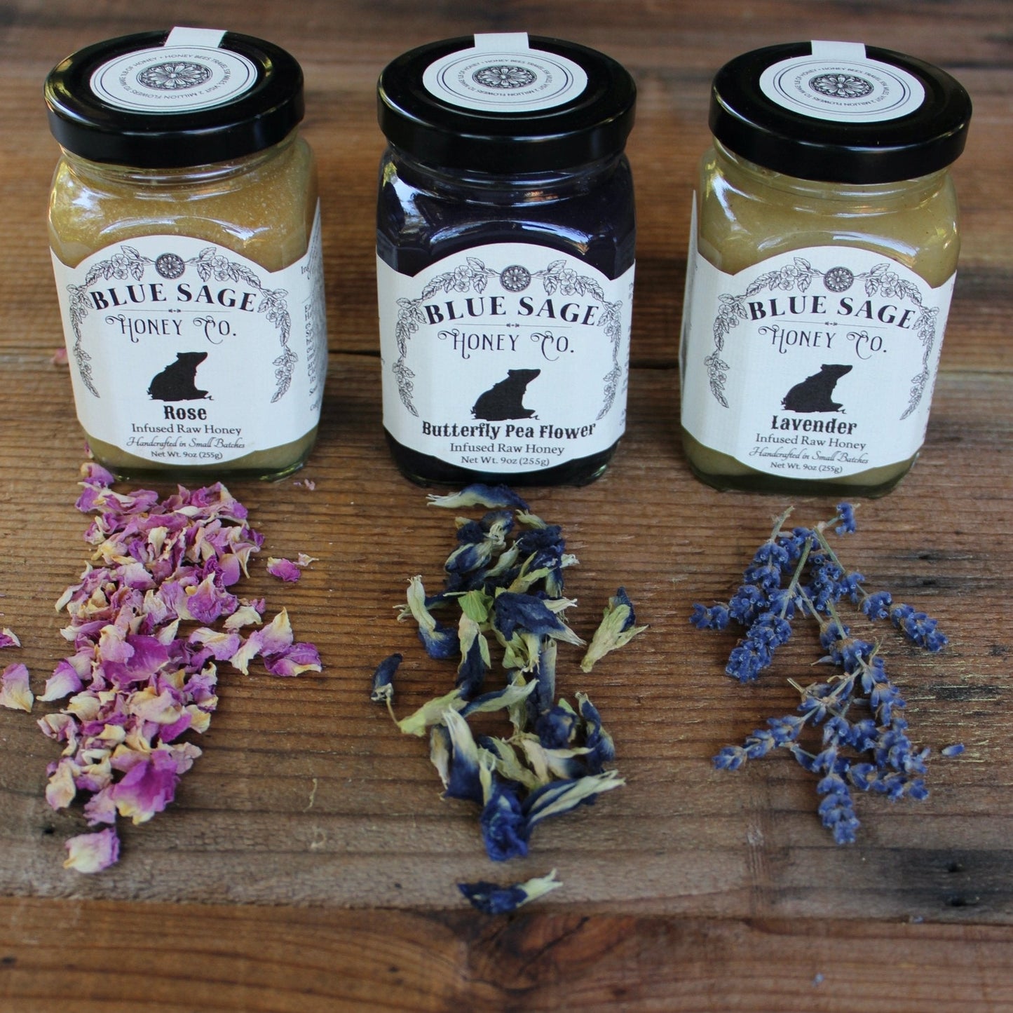 Flower Power Honey Bundle ~ Rose, Butterfly Pea, Lavender - Blue Sage Family Farm - Blue Sage Family Farm