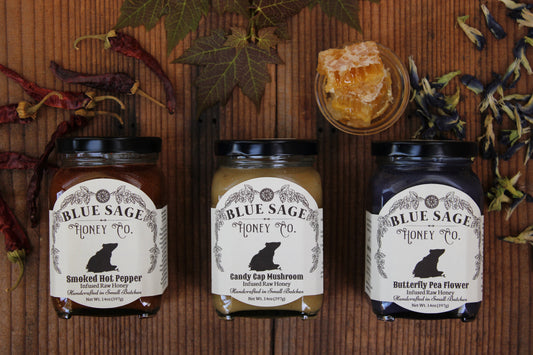 On Sale! Candy Cap Mushroom, Butterfly Pea Flower & Smoked Hot Pepper - Blue Sage Family Farm - Blue Sage Honey Co.