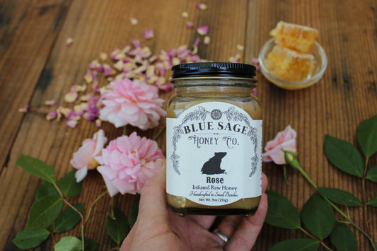 Rose Infused Raw Honey - Organic Red Rose Petals - Blue Sage Honey Co - Blue Sage Family Farm - Blue Sage Honey Co.
