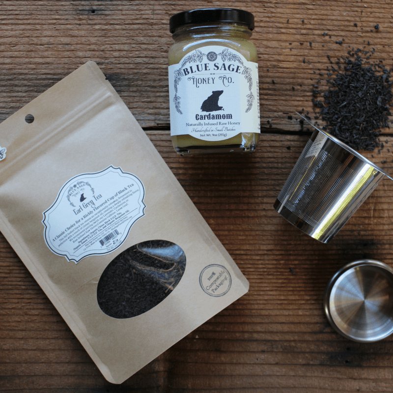 Start the day off right with this custom Tea, Honey & Strainer Bundle - Blue Sage Family Farm - Blue Sage Family Farm