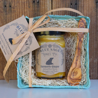 Gourmet Honey Basket with Handcrafted Olive Wood Spoon - Blue Sage Family Farm - Blue Sage Honey Co.