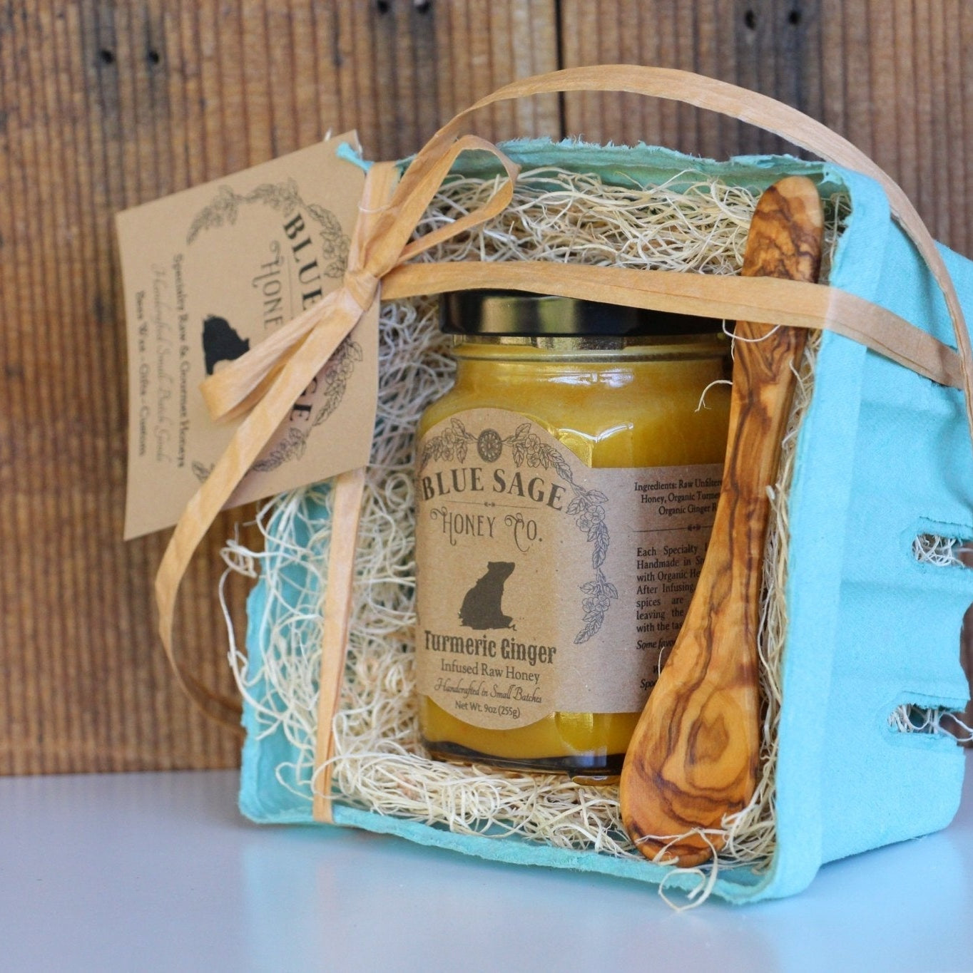 Gourmet Honey Basket with Handcrafted Olive Wood Spoon Blue Sage Honey