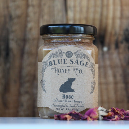 Rose Infused Raw Honey - Organic Red Rose Petals - Blue Sage Honey Co - Blue Sage Family Farm - Blue Sage Honey Co.