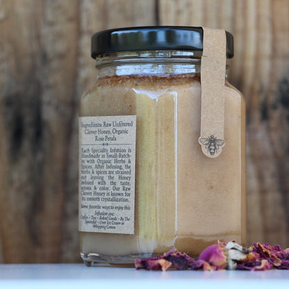 Rose Infused Raw Honey - Organic Red Rose Petals - Blue Sage Honey Co - Blue Sage Family Farm - Blue Sage Honey Co.