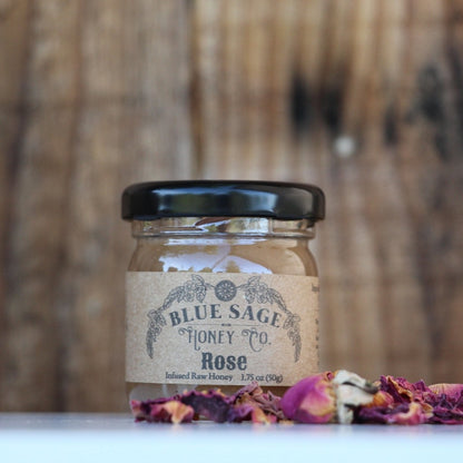 Rose Infused Raw Honey - Organic Red Rose Petals - Blue Sage Honey Co - Blue Sage Family Farm - Blue Sage Honey Co.