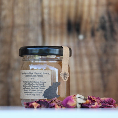 Rose Infused Raw Honey - Organic Red Rose Petals - Blue Sage Honey Co - Blue Sage Family Farm - Blue Sage Honey Co.