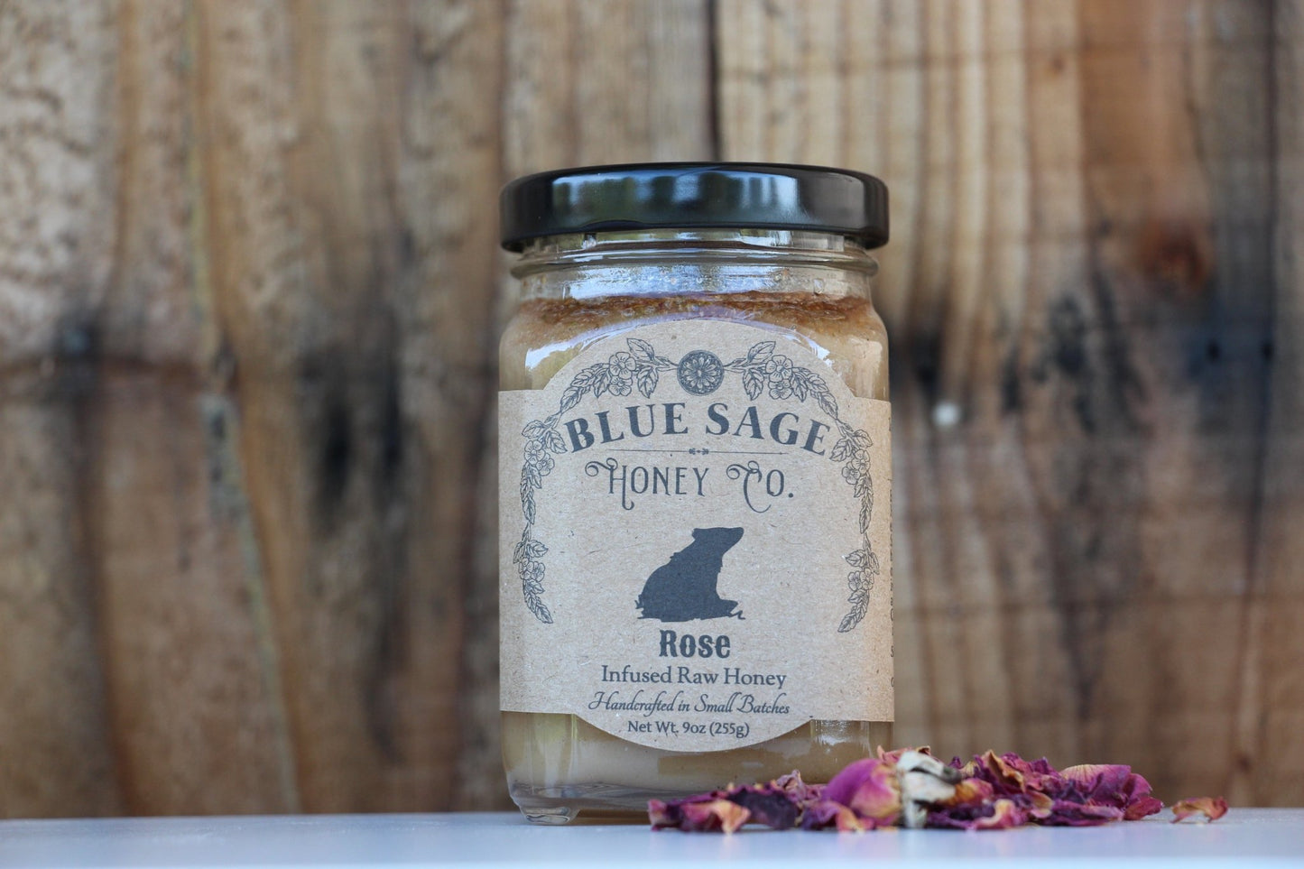 Rose Infused Raw Honey- Organic Red Rose Petals - Blue Sage Honey Co 5.5oz