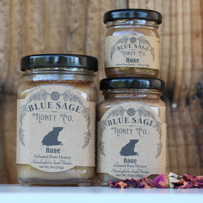 Rose Infused Raw Honey - Organic Red Rose Petals - Blue Sage Honey Co - Blue Sage Family Farm - Blue Sage Honey Co.