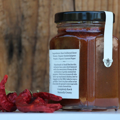 Smoked Hot Pepper Infused Raw Honey ~ Chipotle Honey~ Hot Honey ~ Blue Sage Honey Co. - Blue Sage Family Farm - Blue Sage Honey Co.