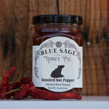 Smoked Hot Pepper Infused Raw Honey ~ Chipotle Honey~ Hot Honey ~ Blue Sage Honey Co. - Blue Sage Family Farm - Blue Sage Honey Co.