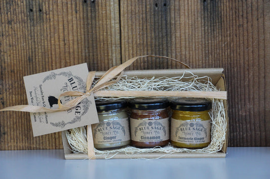 The Little Trio Honey Gift Basket - Ginger~Cinnamon~Turmeric Ginger - Blue Sage Family Farm